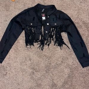 Crop distressed black jacket with fringe